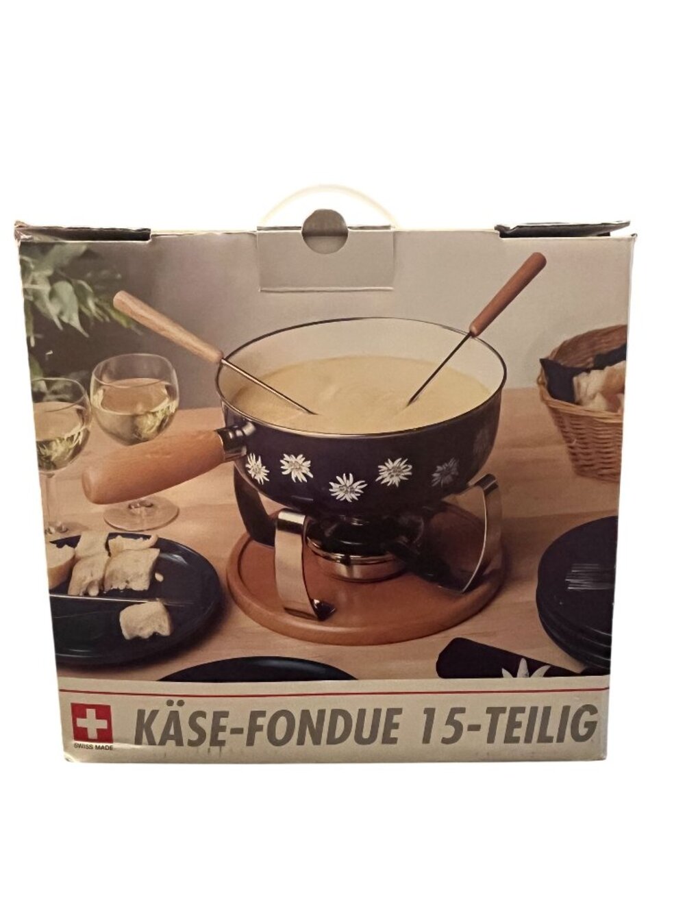 Käse-Fondue 15-Piece Set Enamel Pot Burner Ceramic Plates & Forks Swiss Made